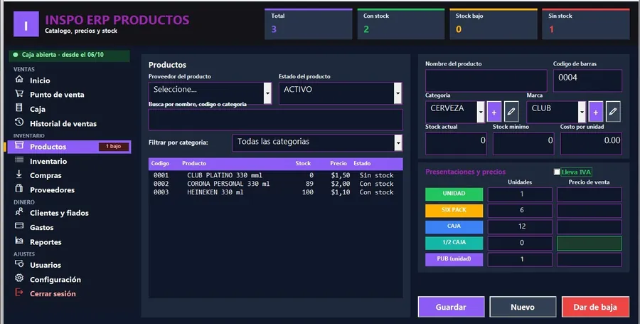 Pantalla de productos con presentaciones y precios